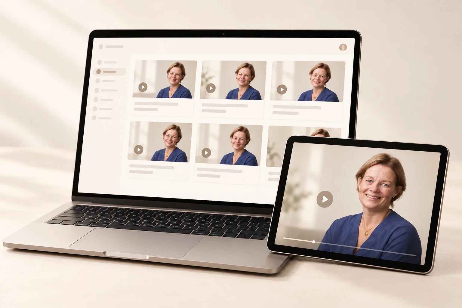Lernplattform der Craniosophie-Ausbildung: Modulübersicht auf dem Laptop, Lehrvideo auf dem Tablet